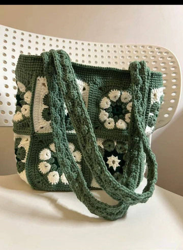 Green and White Crochet Bag