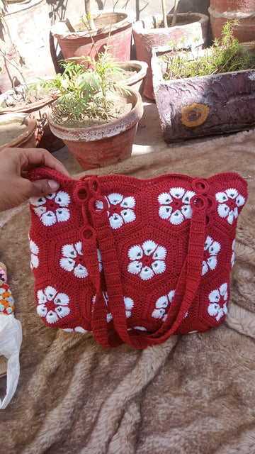 Red bag with White flowers Crochet