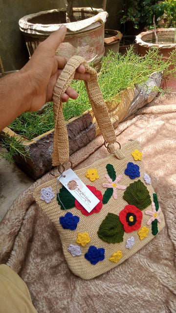 Beautiful Crochet Bag In Skin color and flowers