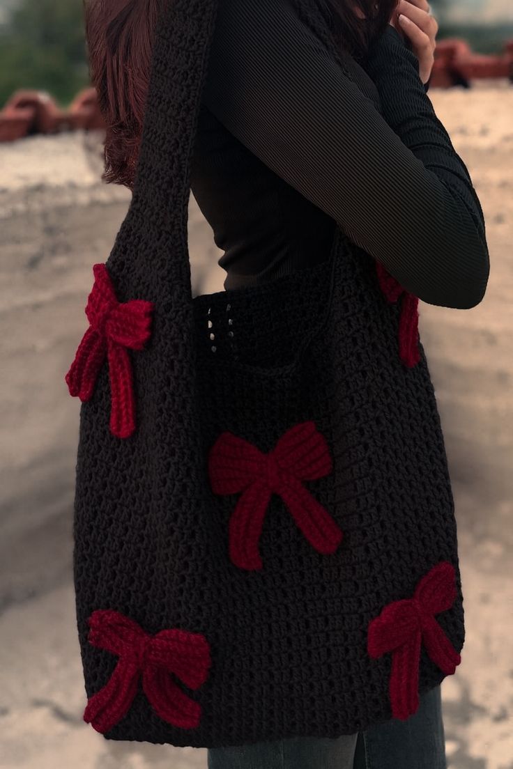 Crochet Black Bow Bag