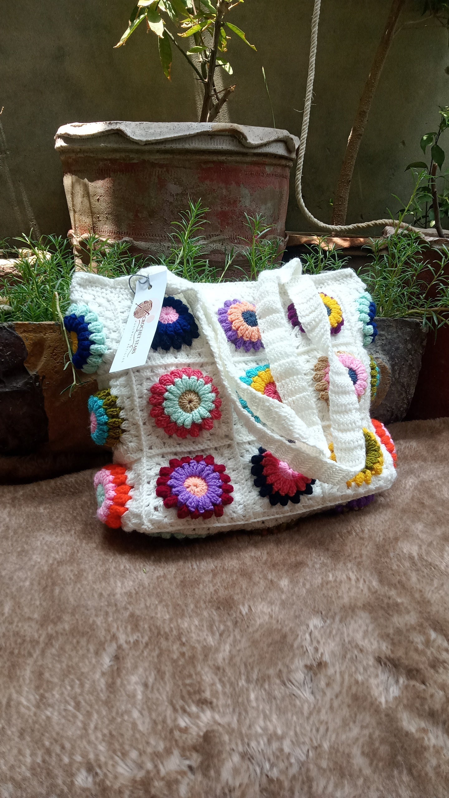 White Crochet Bag with Multiflowers