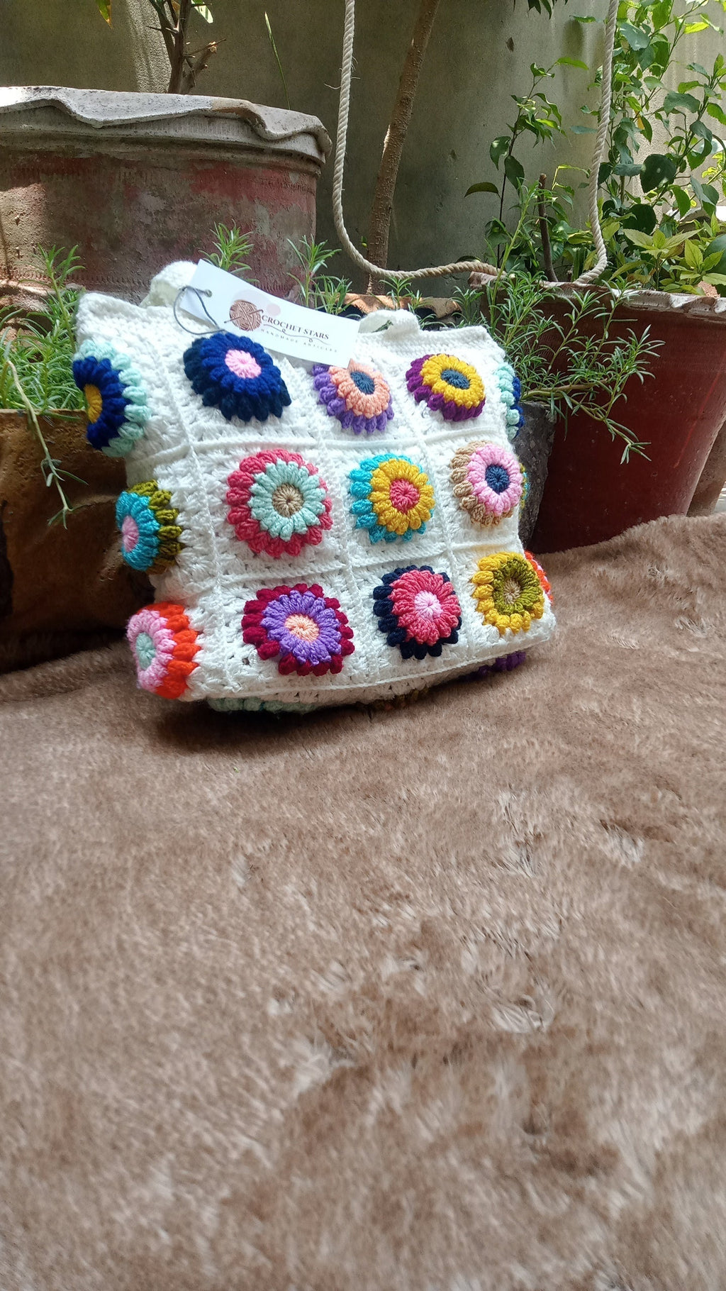 White Crochet Bag with Multiflowers