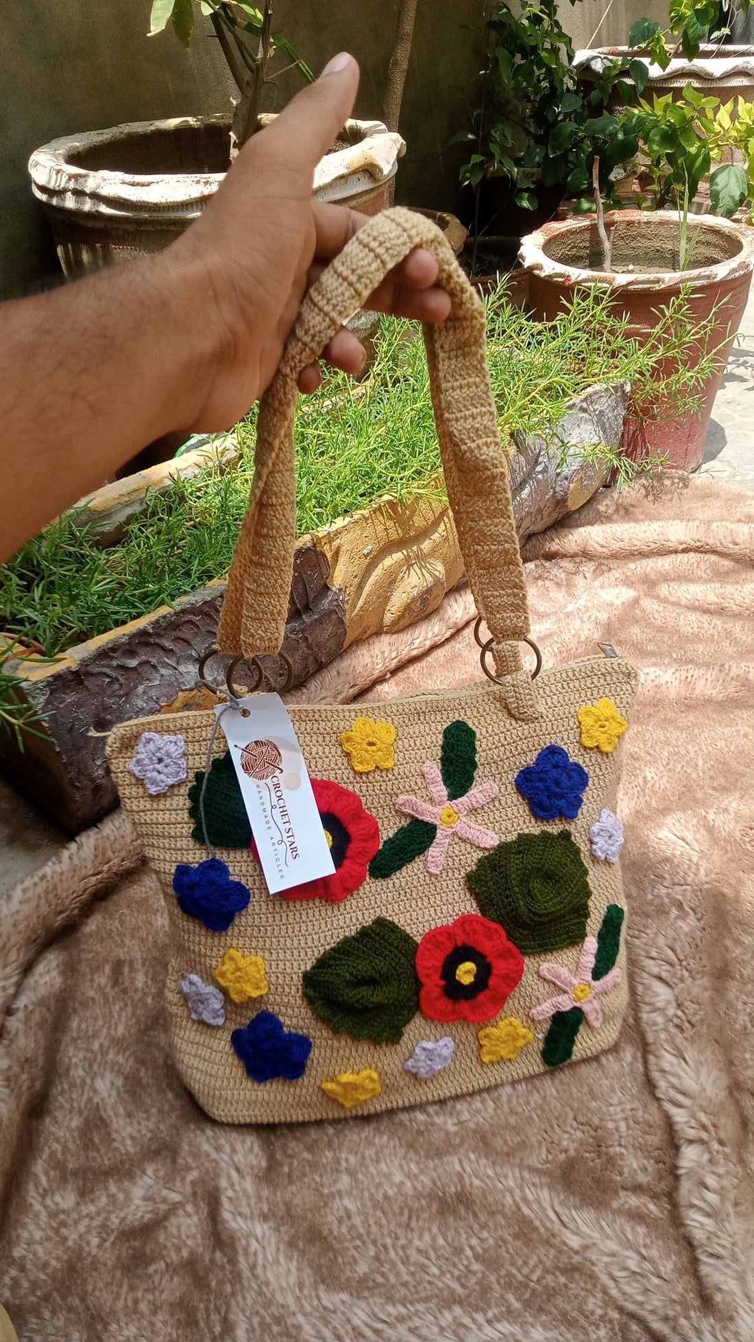 Beautiful Crochet Bag In Skin color and flowers